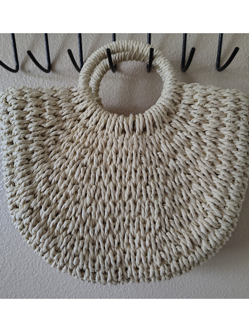 Handwoven Cream Circular Straw Tote Bag